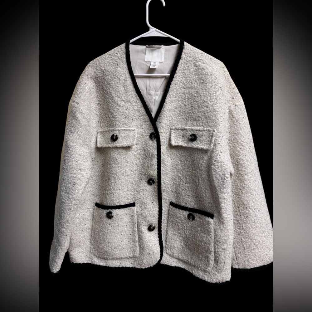 H&M Oversized Tweed Jacket Blazer White Black Trim Pockets Women’s Sz S NWOT
